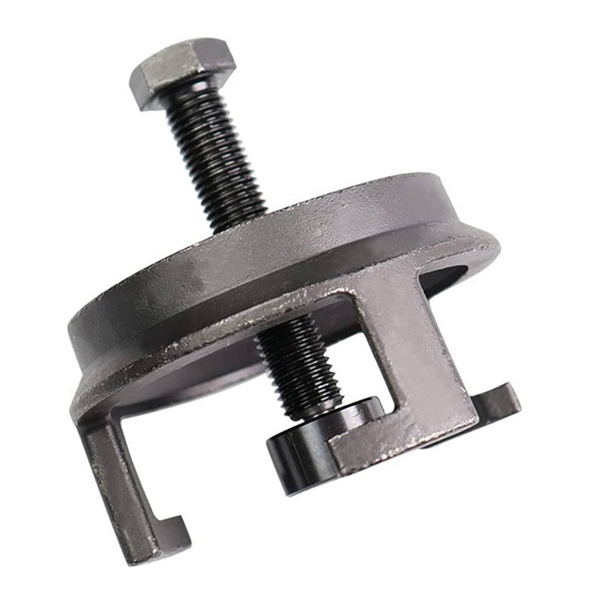 Gray metal harmonic balancer puller with threaded bolts and forked clamp feet