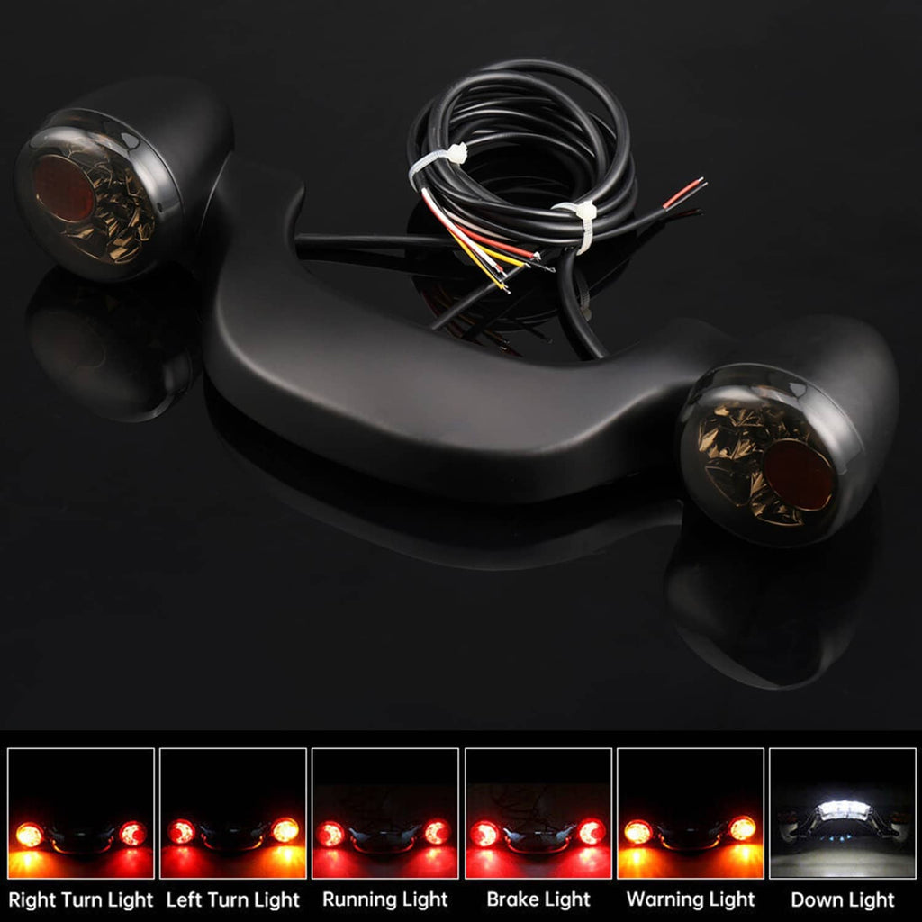 Black LED bullet brake light bar with smoked lenses and red indicator mode preview.