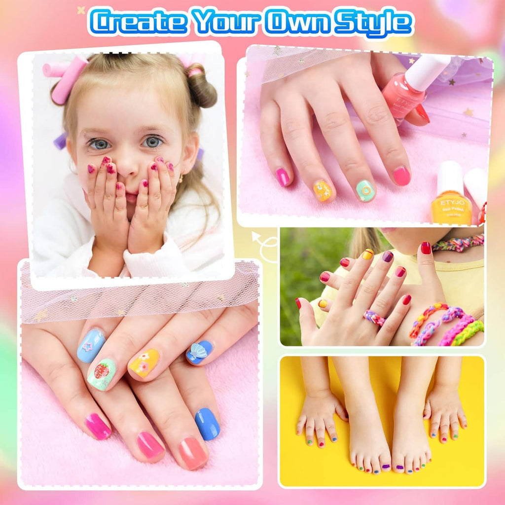 Kids nail polish set showing multicolor nail designs on hands