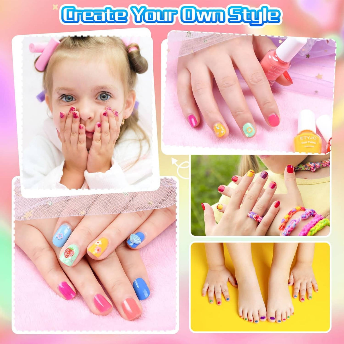 Kids nail polish set showing multicolor nail designs on hands