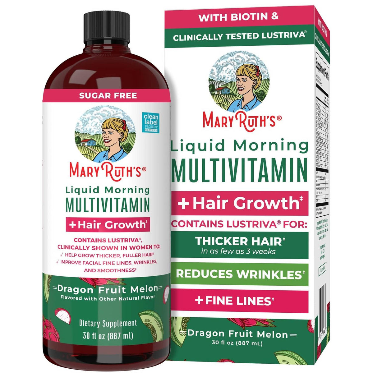 Liquid multivitamin with hair growth supplement bottle and boxed label, dragon fruit melon