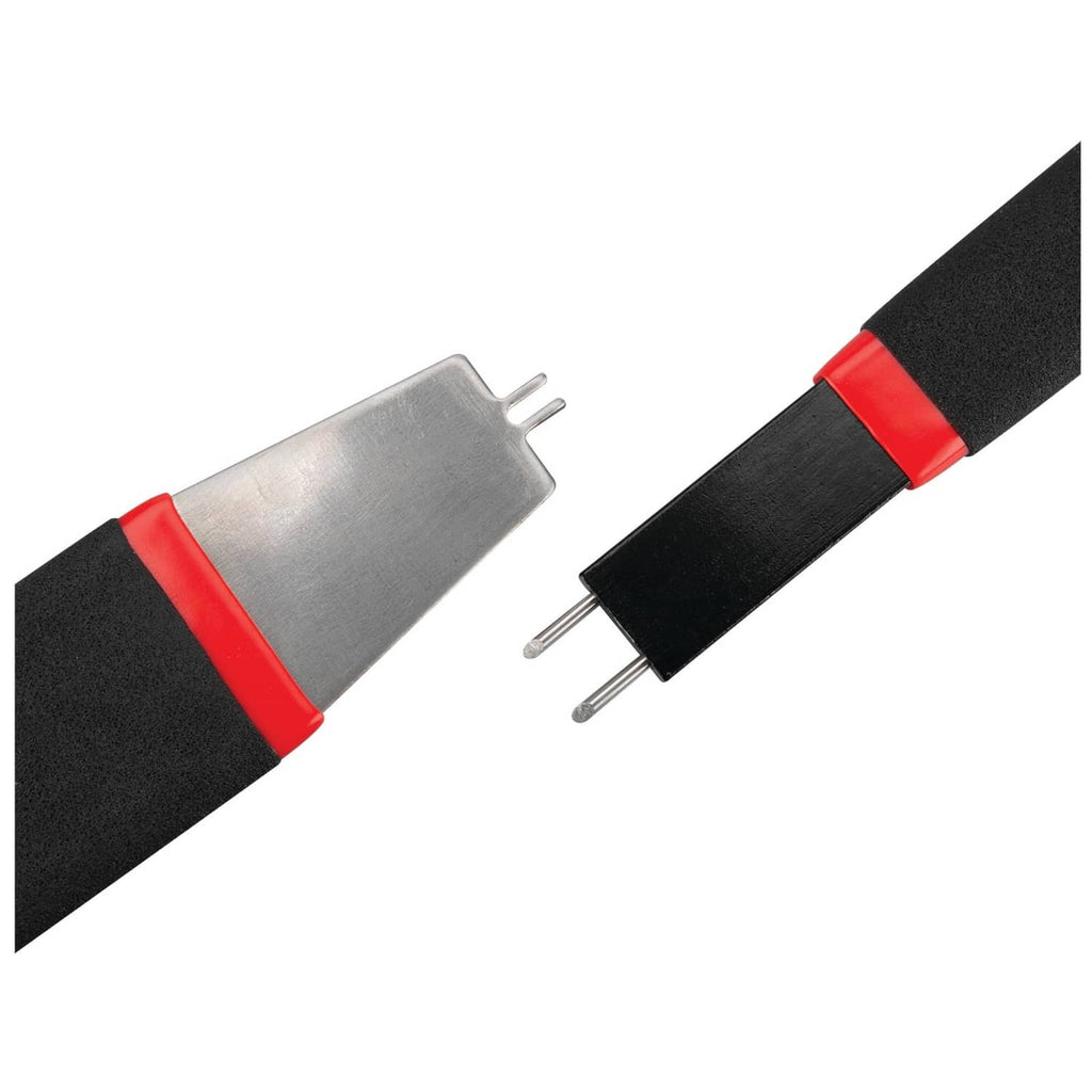 A/C line disconnect tool end, silver metal prongs with black body and red grip band