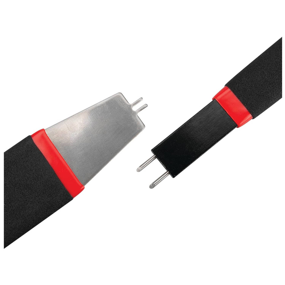 A/C line disconnect tool end, silver metal prongs with black body and red grip band
