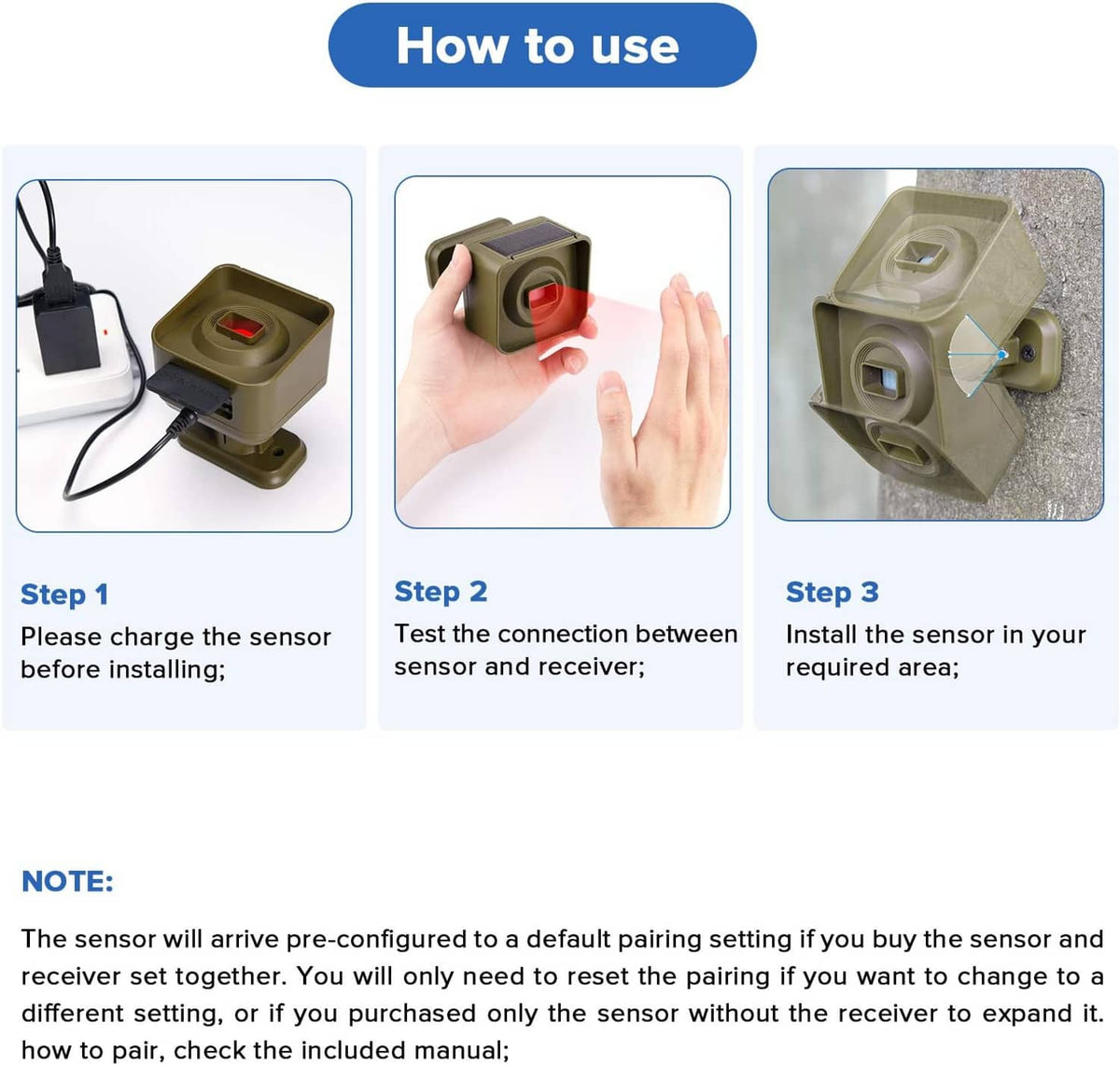 How-to setup guide showing charging sensor and pairing receiver steps