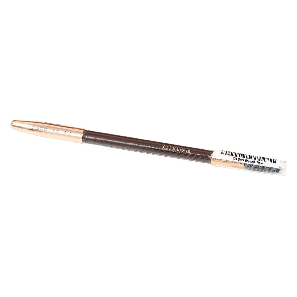 Dark brown eyebrow pencil with spoolie brush and labeled shade tip view