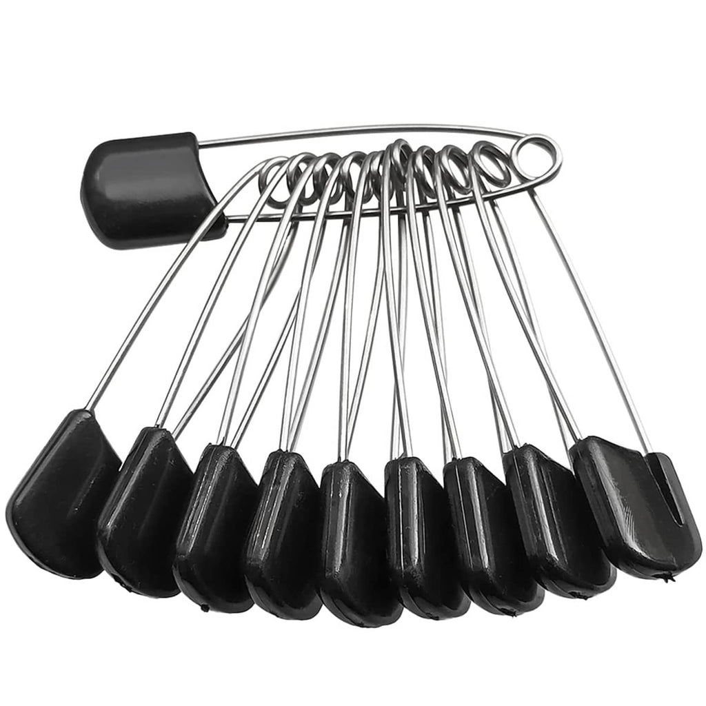 Black plastic-head safety pins (diaper pins), metal needle and looped ring end