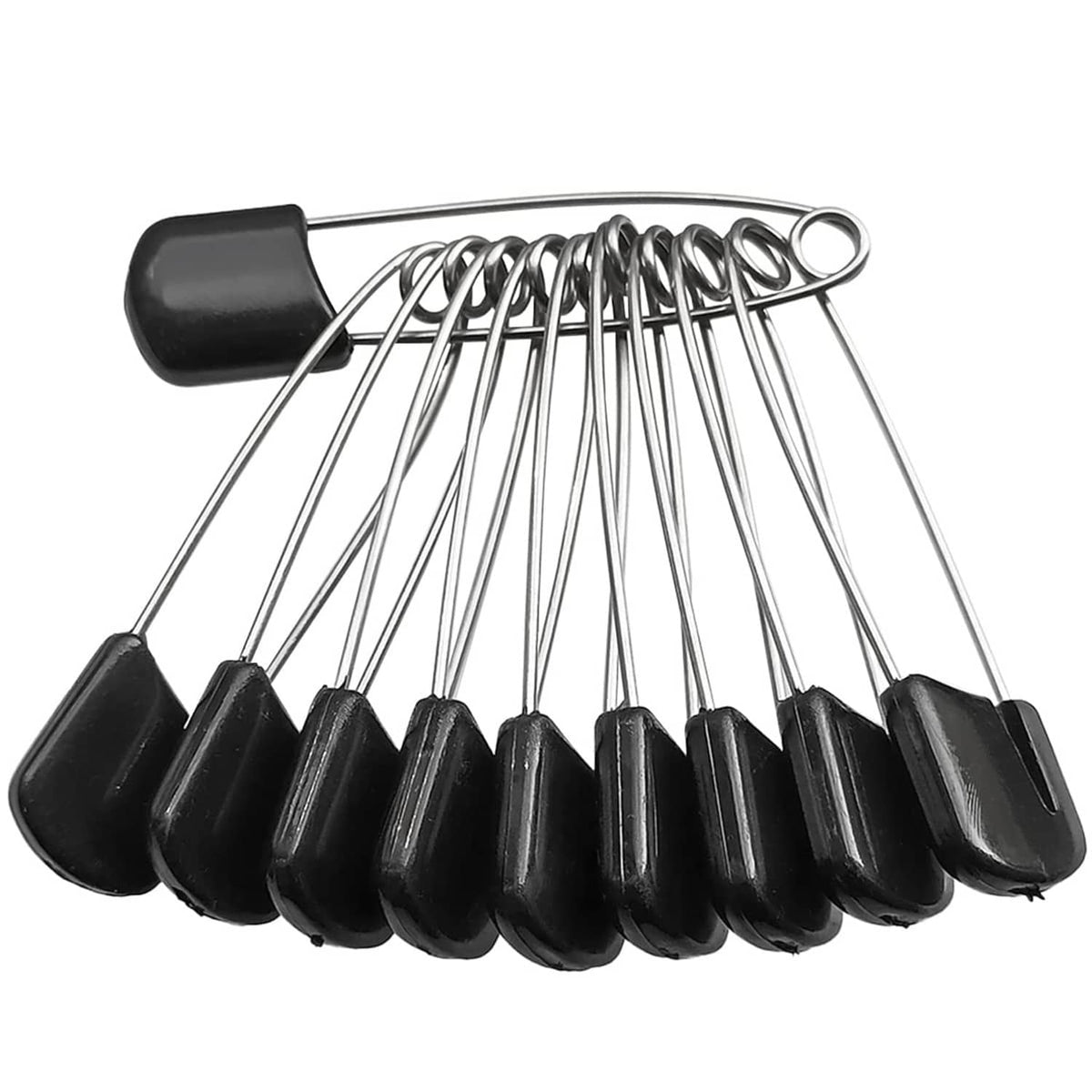 Black plastic-head safety pins (diaper pins), metal needle and looped ring end