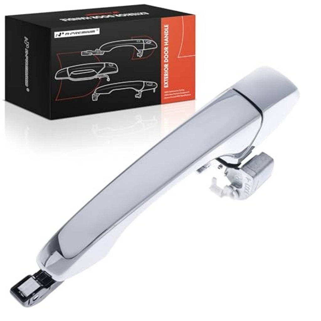 Chrome-finish exterior door handle with black keyhole bezel and metal latch piece