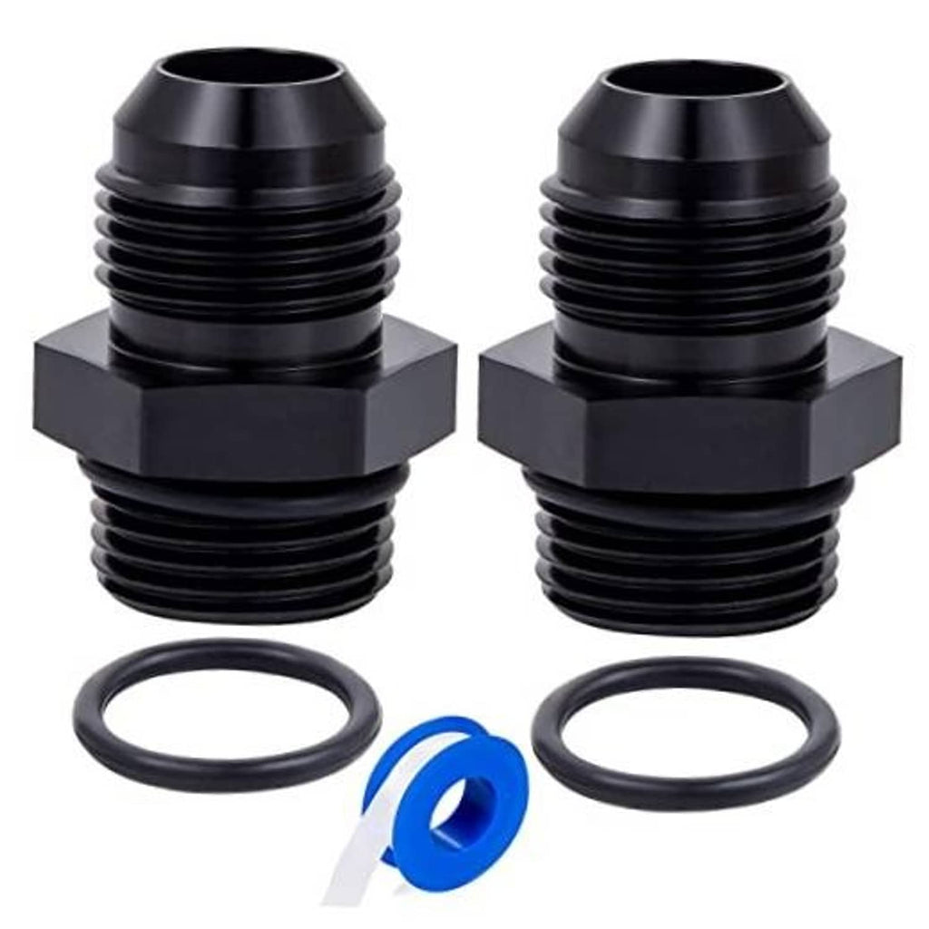 Black AN male flare-to-AN adapter pair with O-ring seals and threaded ports