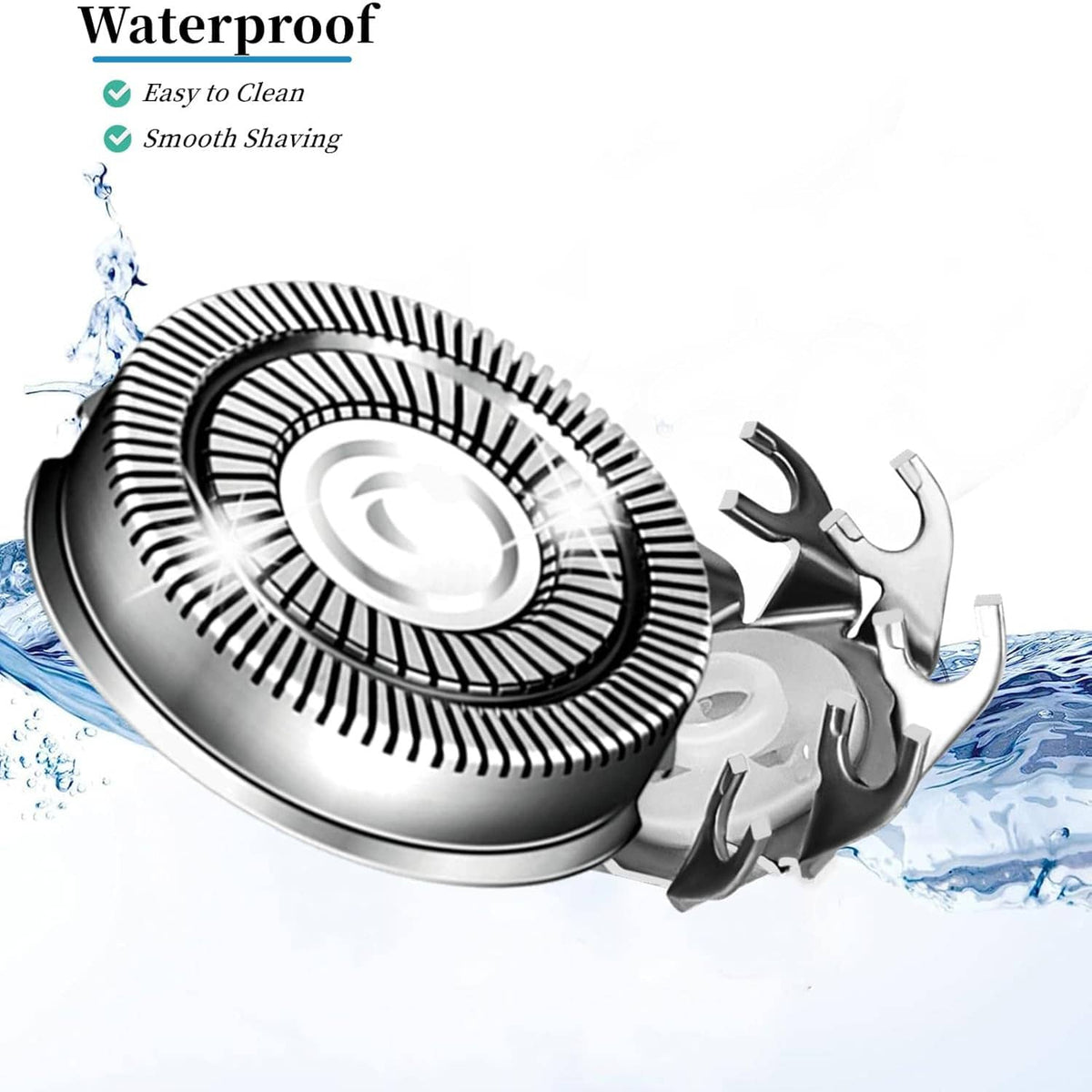 Waterproof replacement shaver head with water splash and rotating foil disc