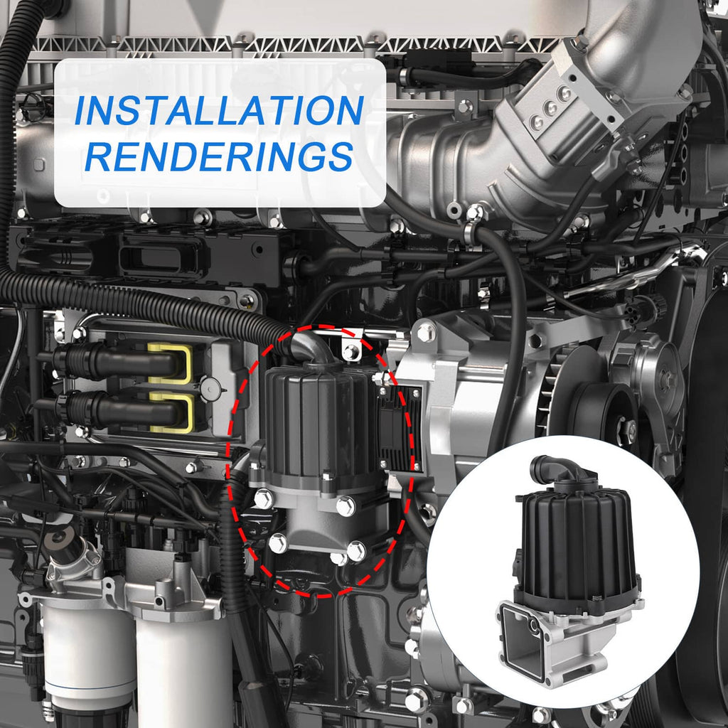 Crankcase ventilation separator installed on engine, black canister and silver mount.