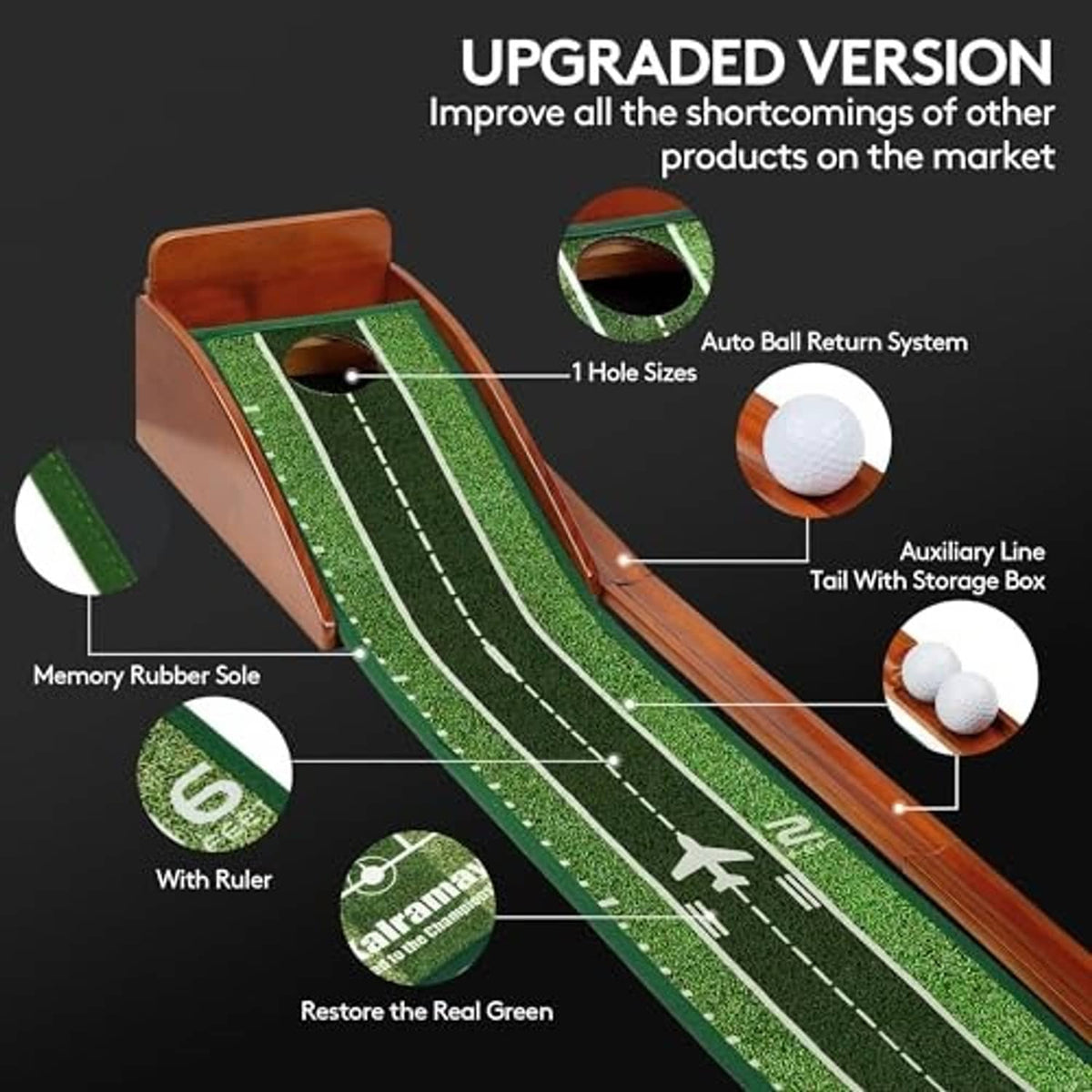 Green indoor putting mat with wooden ball-return system and separate storage box