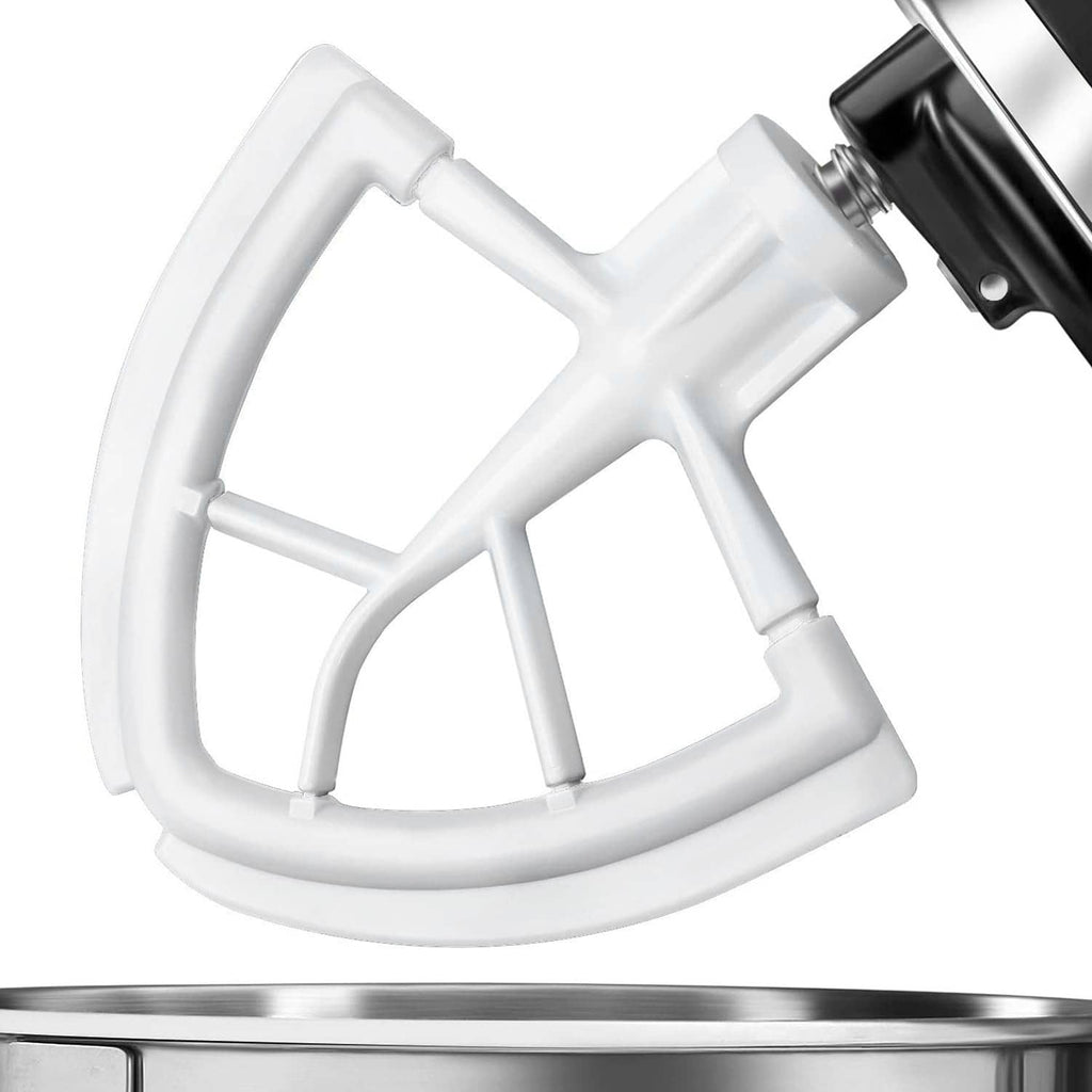 White flexible edge beater attachment with curved wire prongs for mixer bowls