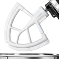 White flexible edge beater attachment with curved wire prongs for mixer bowls