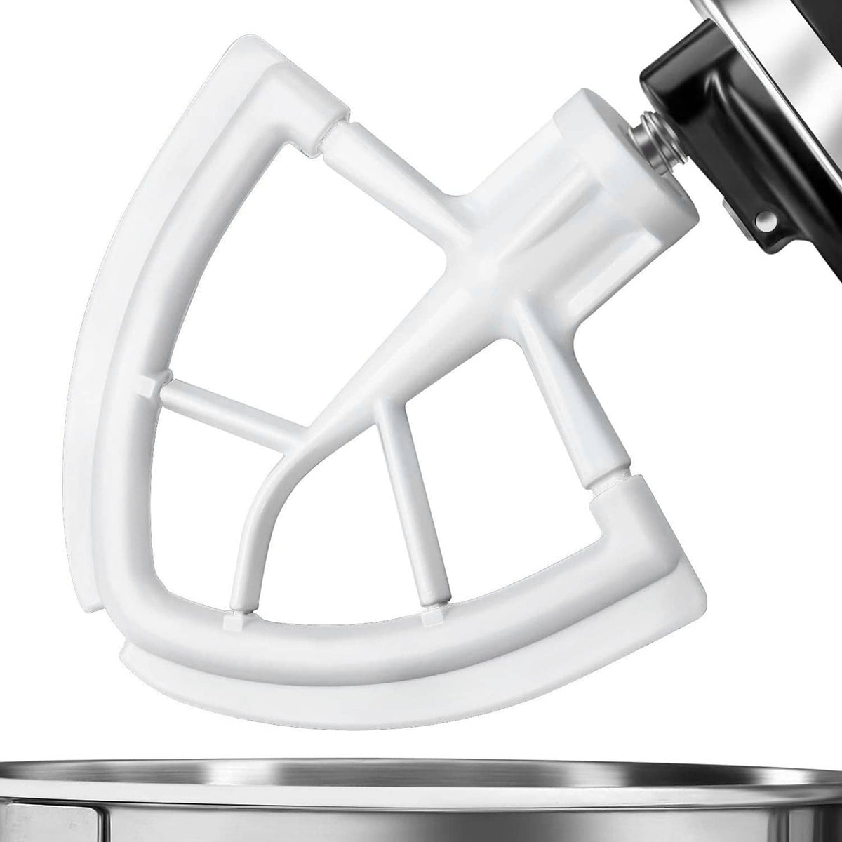 White flexible edge beater attachment with curved wire prongs for mixer bowls
