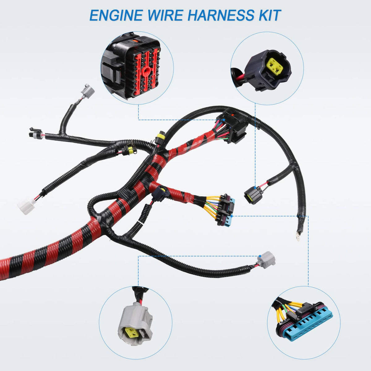 Engine wiring harness kit with highlighted connector plugs and red-striped cable section