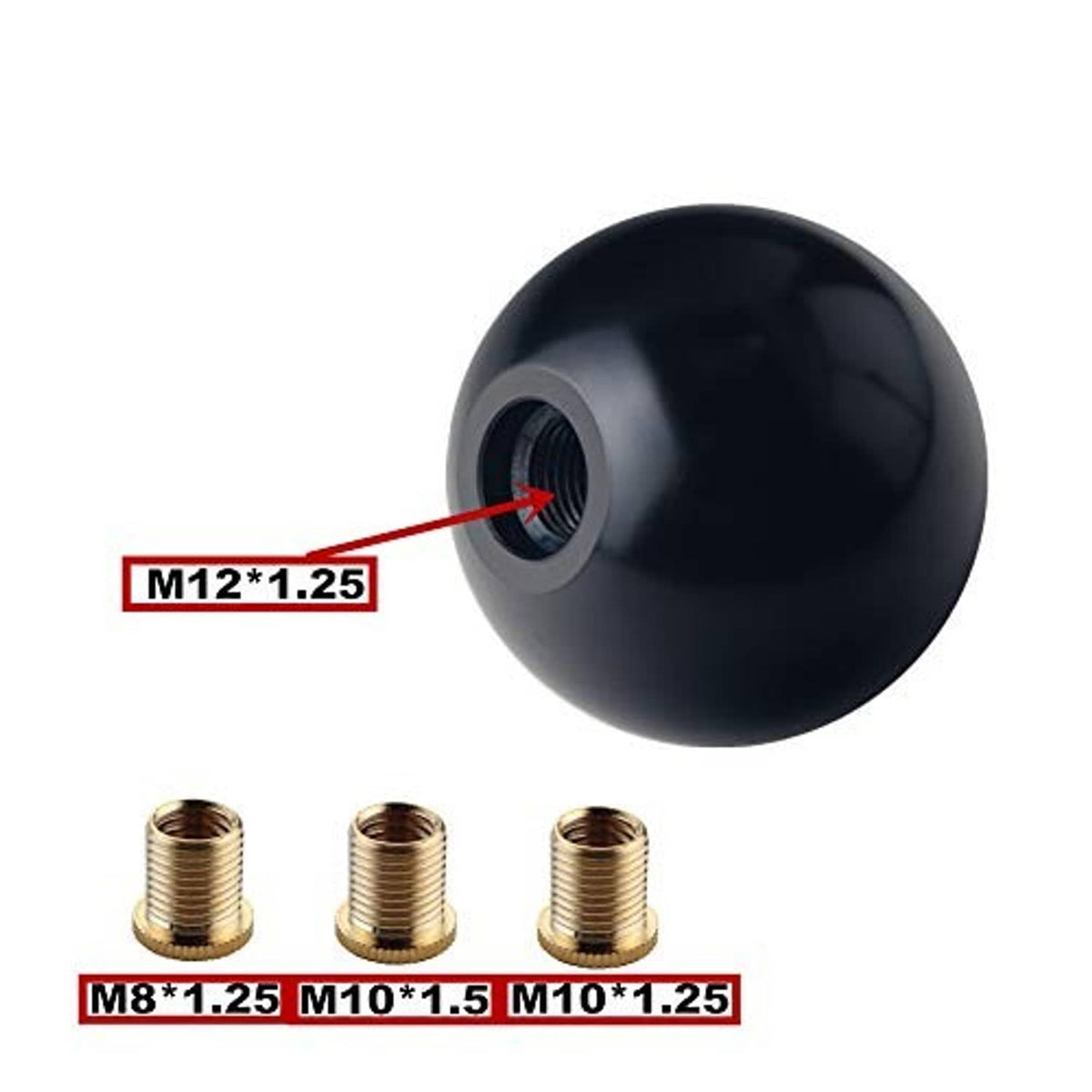 Black manual shift knob with threaded insert and adapter size labels