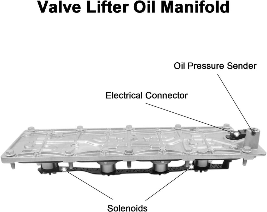 Valve cover oil manifold showing electrical connector, oil pressure sensor, and solenoids