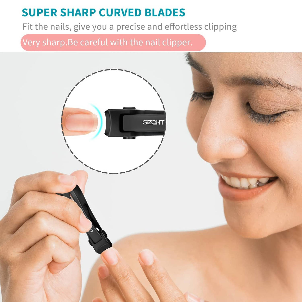Black curved-blade nail clipper held for close, precise trimming