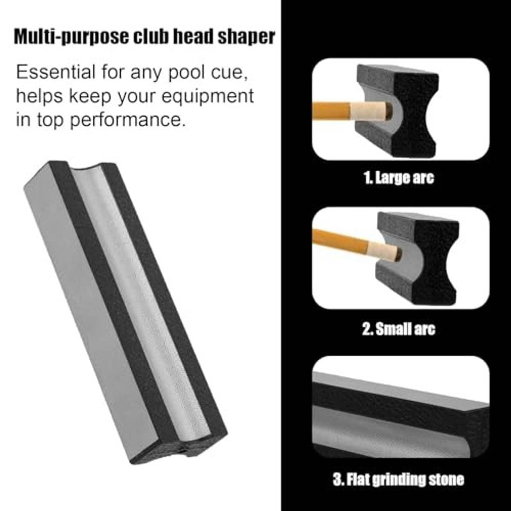 Multi-purpose pool cue head shaper with large and small arc grinding surfaces