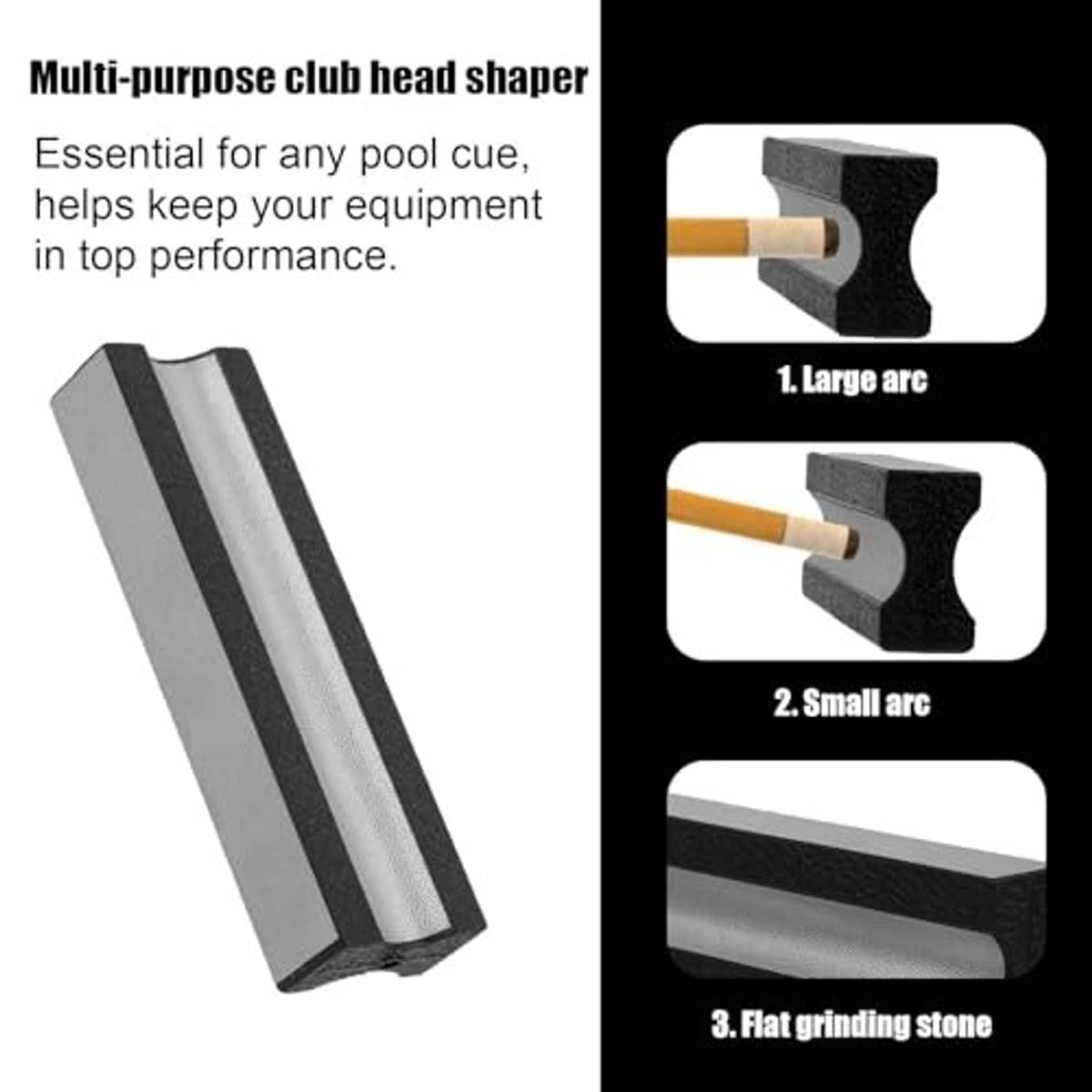 Multi-purpose pool cue head shaper with large and small arc grinding surfaces