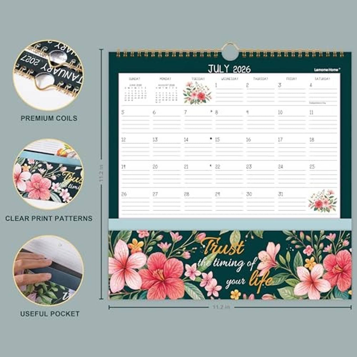 2026–2027 wall calendar with July 2026 page, floral bottom and pocket