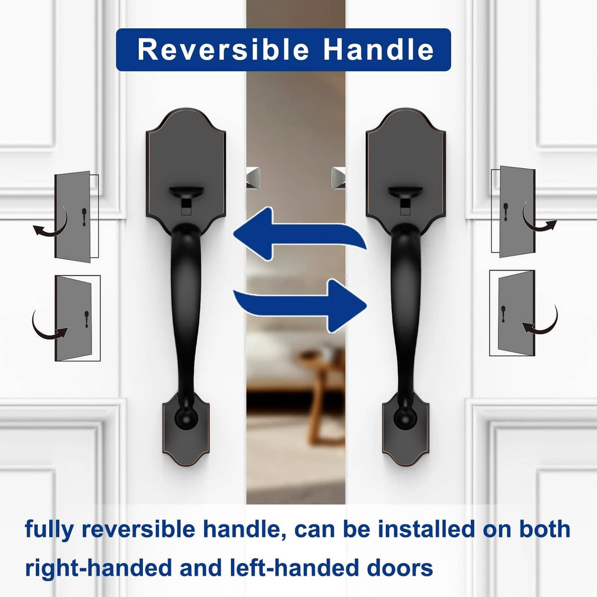 Reversible oil-rubbed bronze front door handle without lock, curved lever and backplates