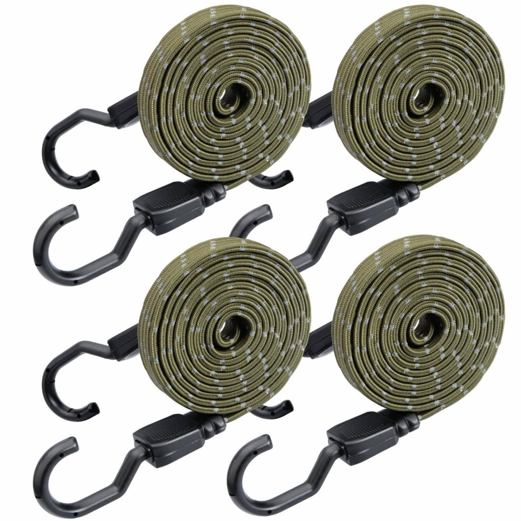 4-pack reflective flat bungee cords, army green, black S-hooks