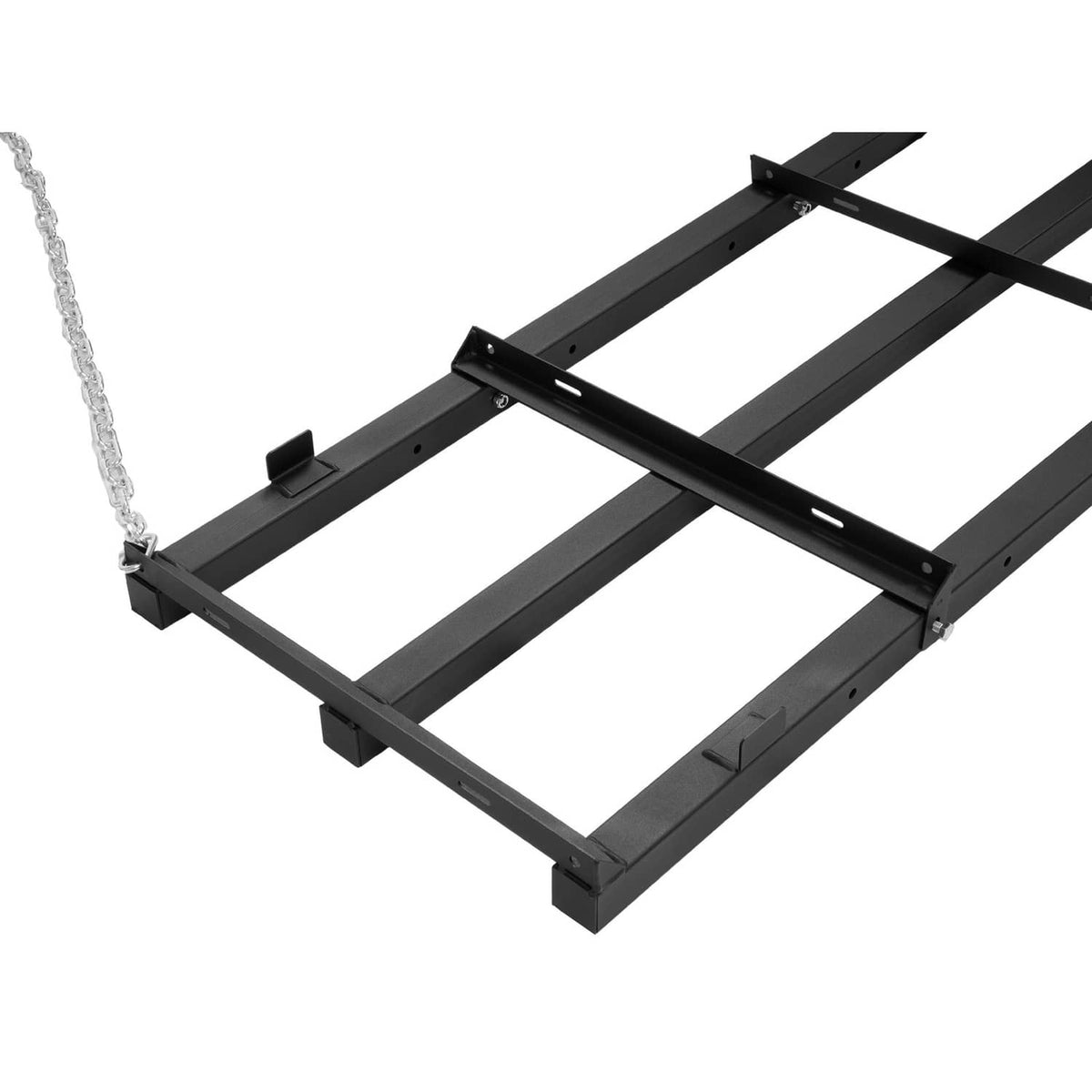 Tow-behind drag harrow grader with black crossbars and chain tow hardware