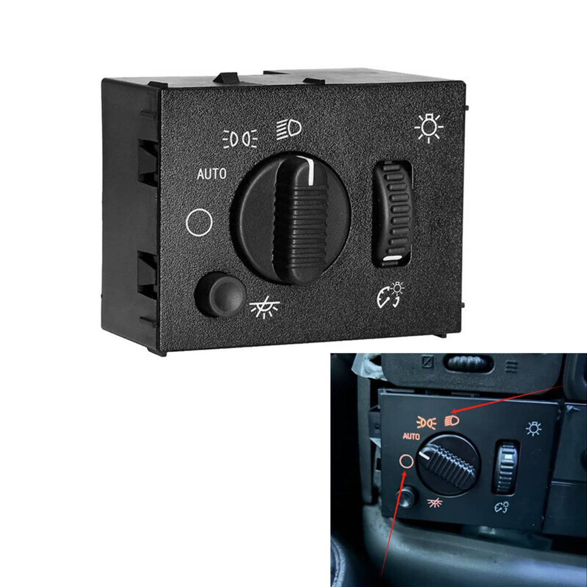 Black headlight switch panel front view with rotary dial and two vertical control bars