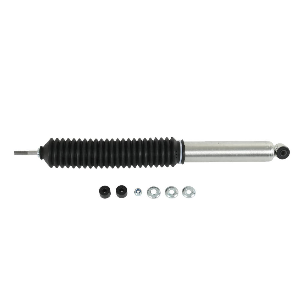 Rear shock absorber with black coil boot, silver cylinder, and bolt-on mounting pieces