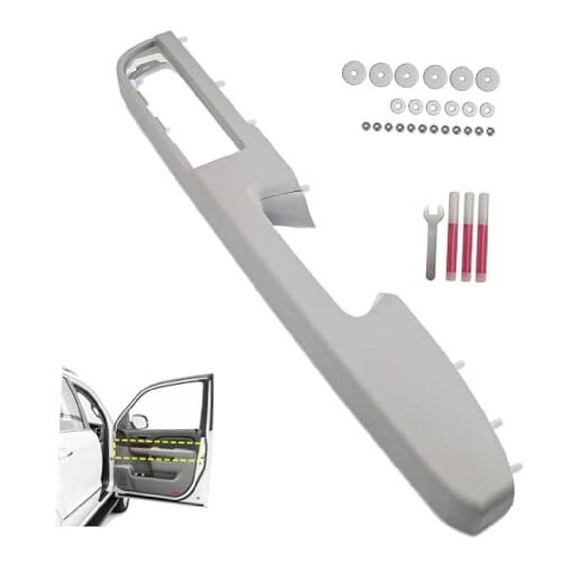 Gray front door armrest repair panel with fasteners and red/gray hardware kit