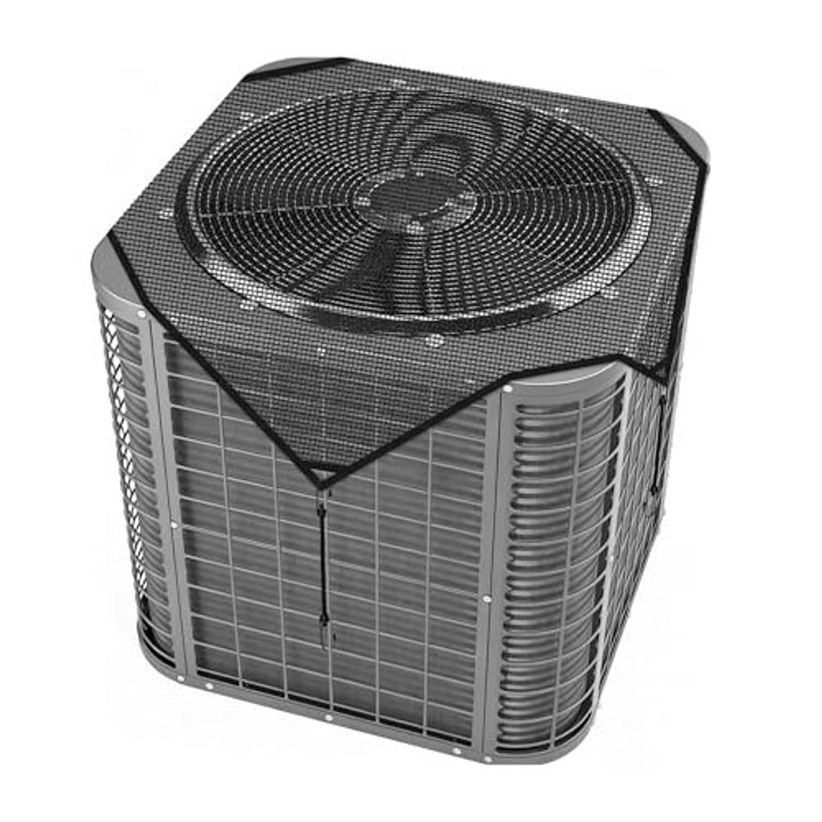 Black square air conditioner cover with breathable mesh texture and corner seam