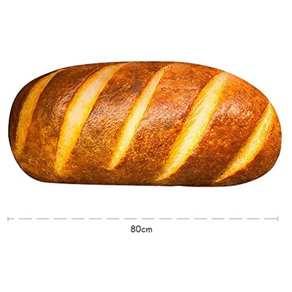 Oval loaf-shaped plush bread pillow in brown with three cream stripes