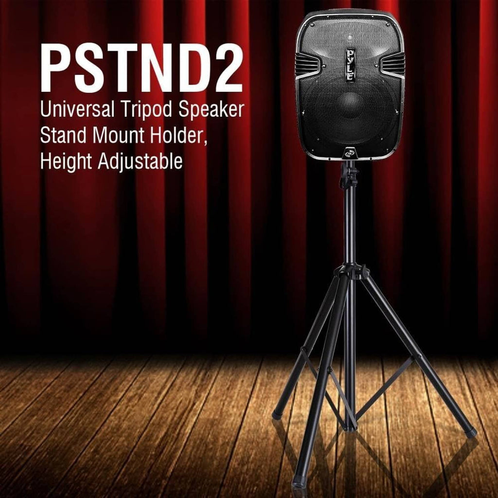 Universal tripod speaker stand holding a black speaker with top mounting bracket