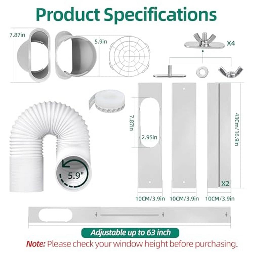 Portable AC window kit parts with measurements: vent hose, panels, bucket adapter, and grille