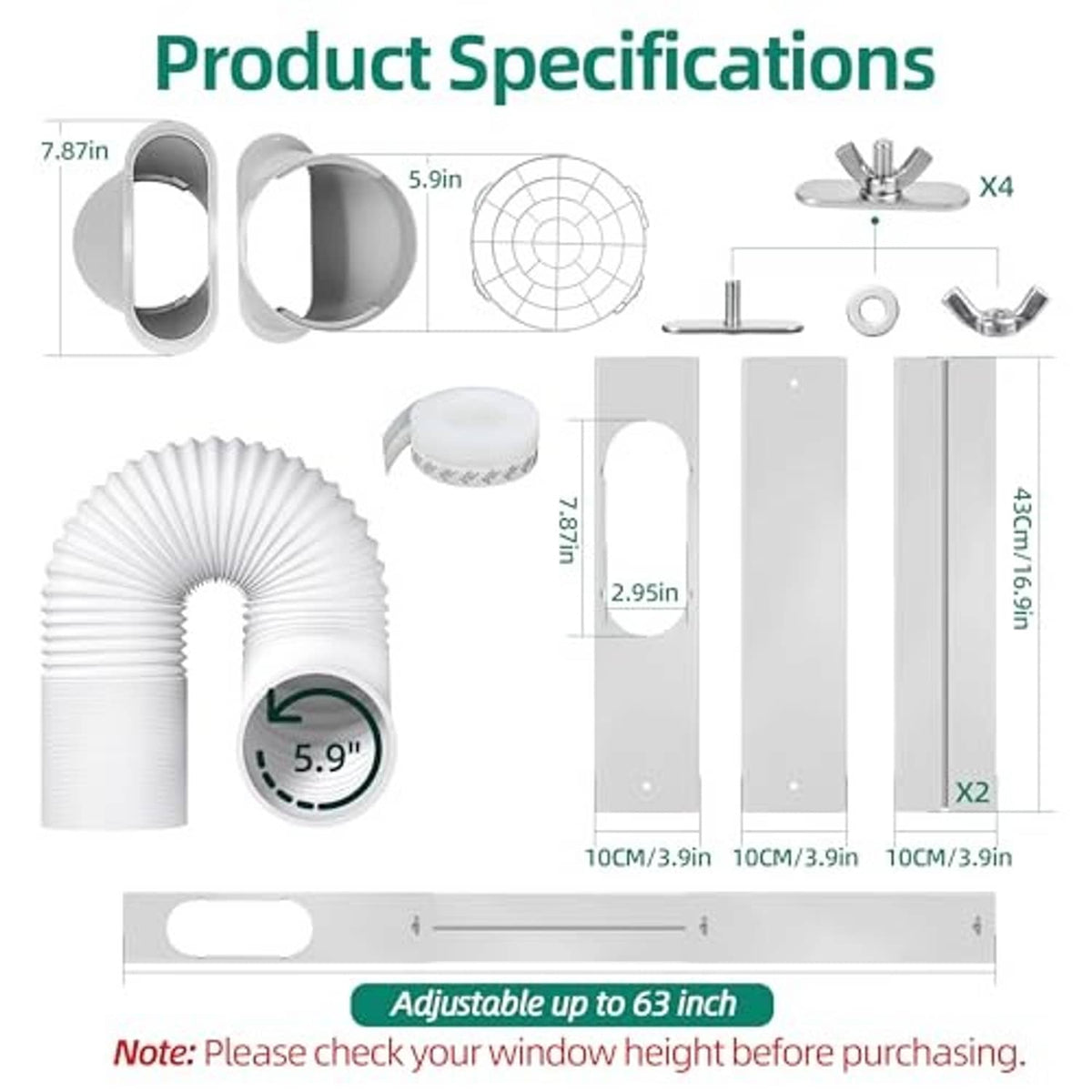 Portable AC window kit parts with measurements: vent hose, panels, bucket adapter, and grille