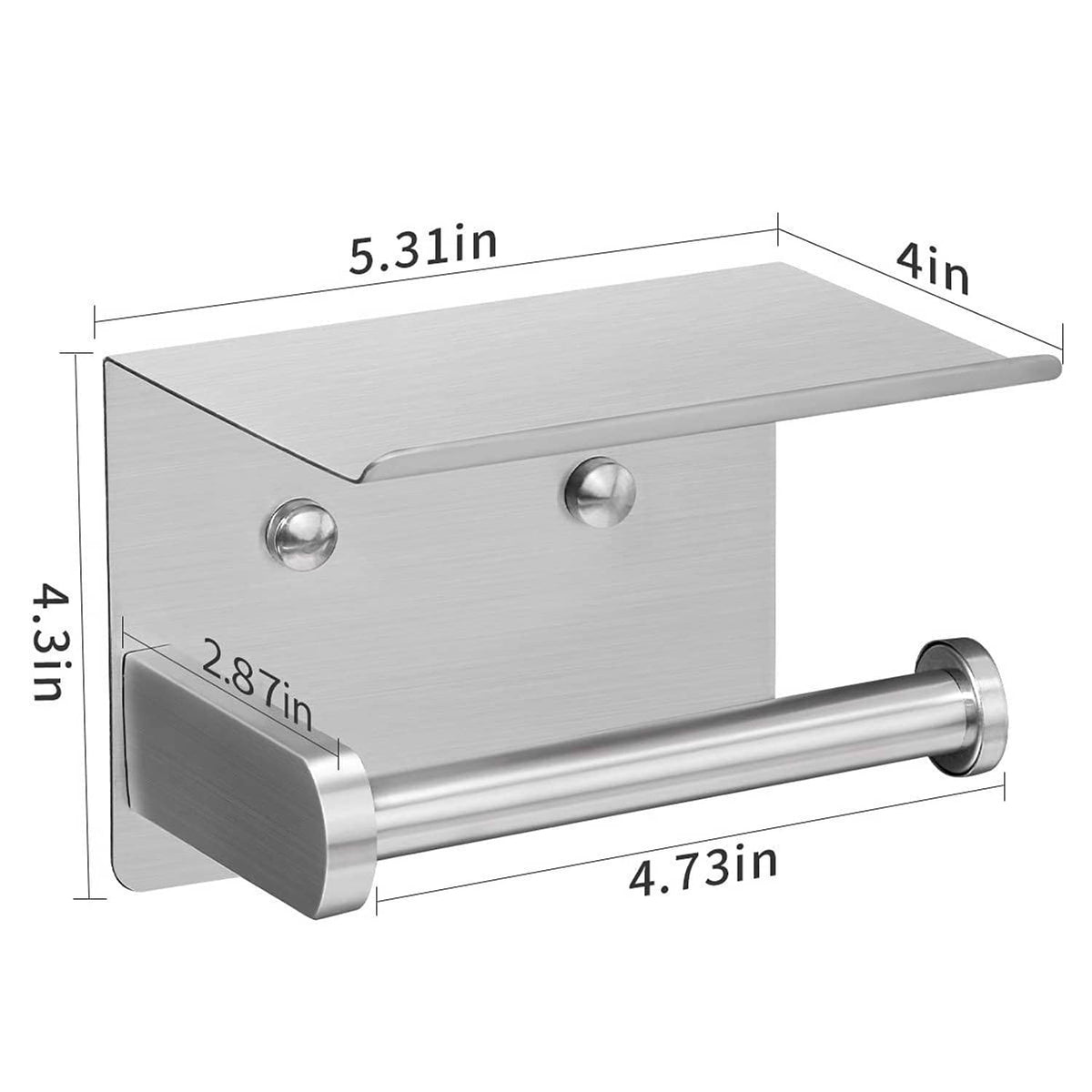 Stainless toilet paper holder with phone shelf and roller bar, with size measurements
