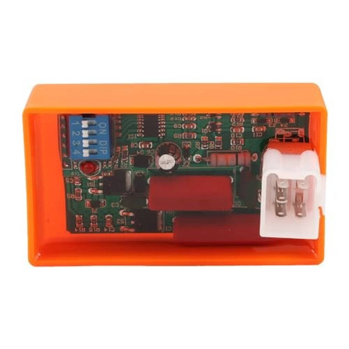 Orange 5-pin CDI ignition module with mounted IC and two-socket connector
