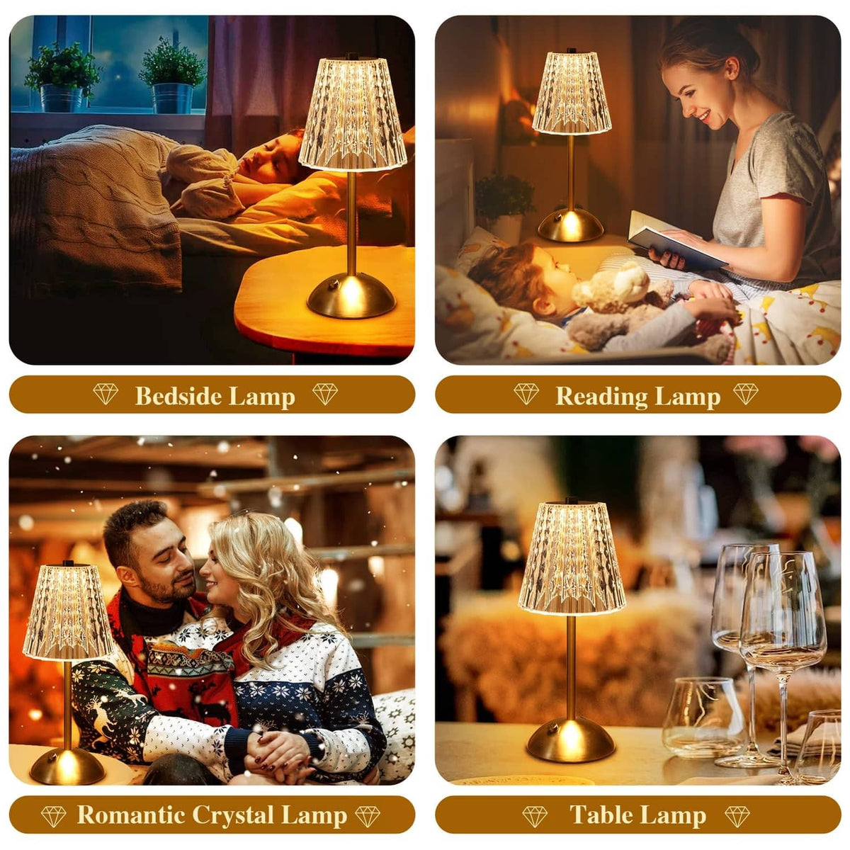 RivetOak Cordless lamp,Dimmable Crystal Table Lamp 3 Colors LED Gold Lamp,Touch White