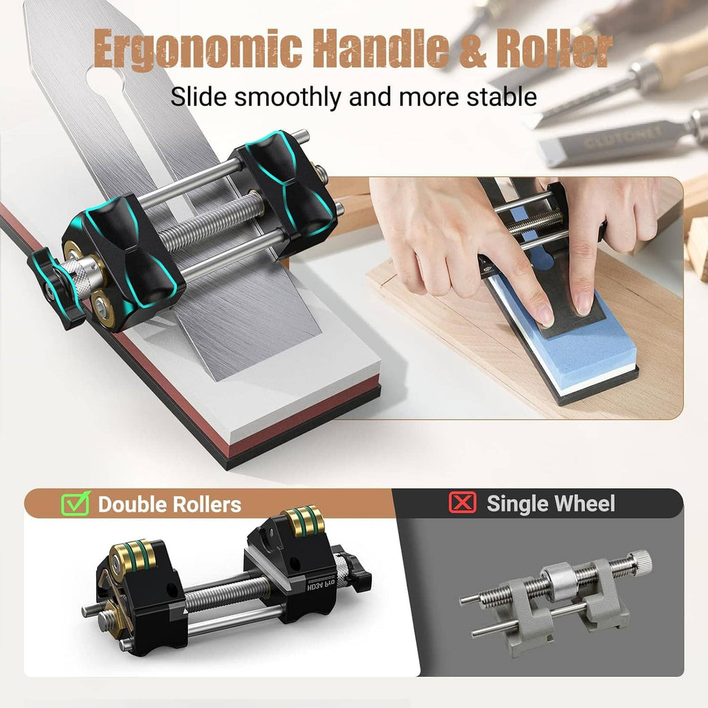 Ergonomic handle roller honing guide with dual rollers and slide-stable frame