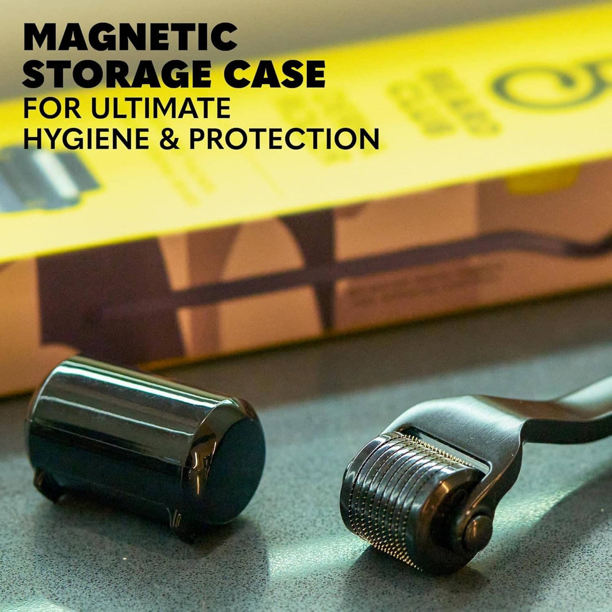 Magnetic storage case with black derma roller attachments