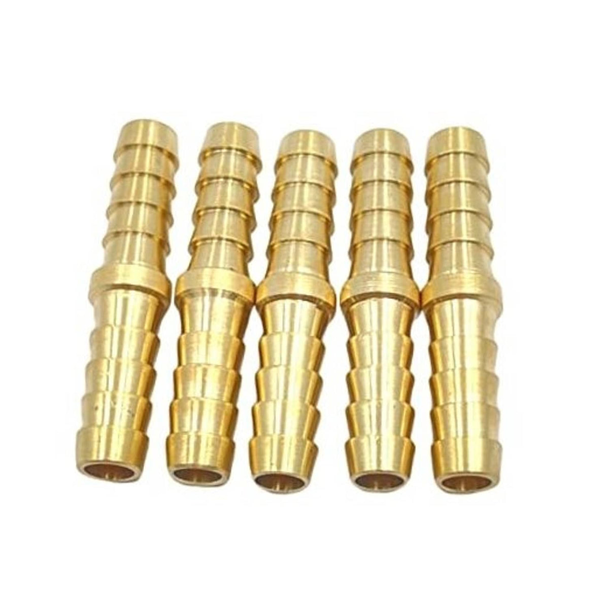 Set of five brass 1/4 in hose barb fittings, barbed ends for connecting hoses