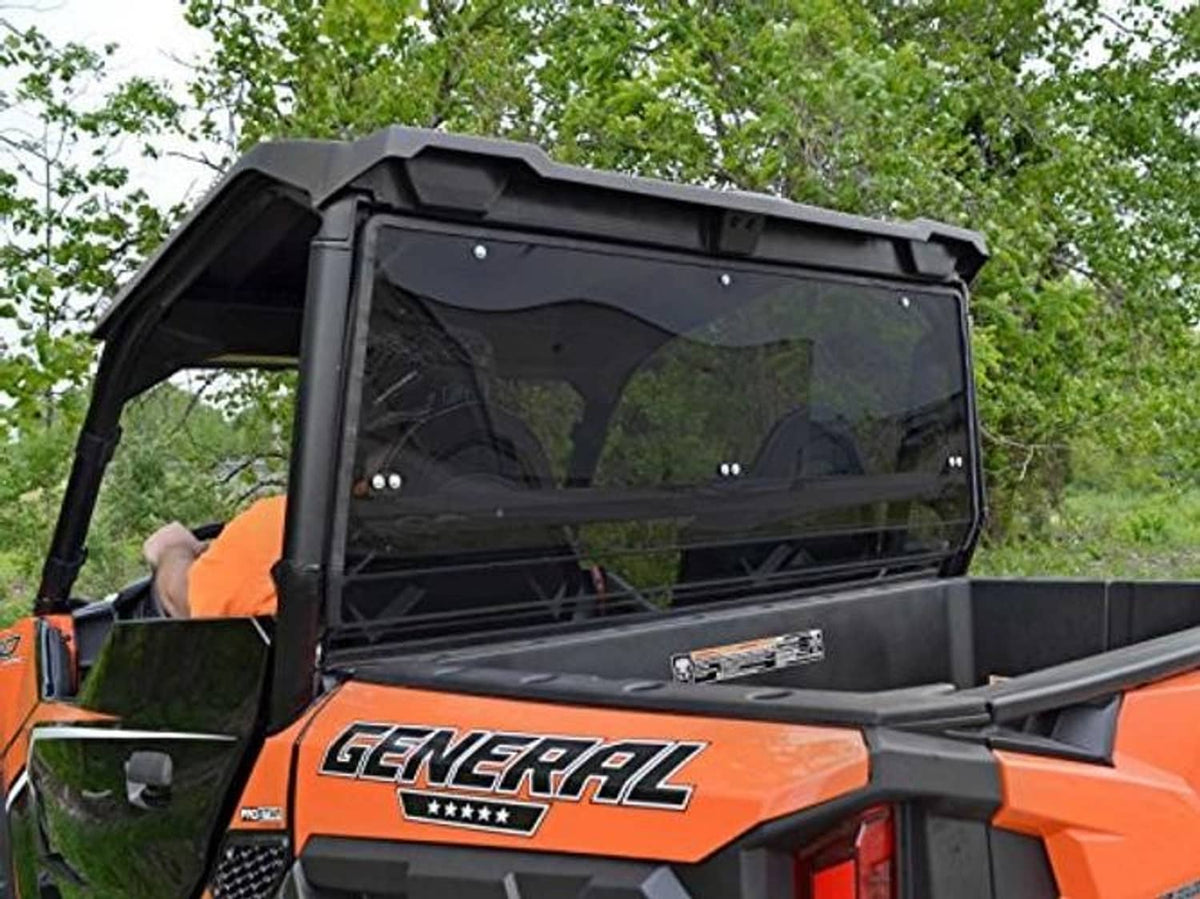 Dark-tinted rear windshield with GENERAL logo on the orange front panel