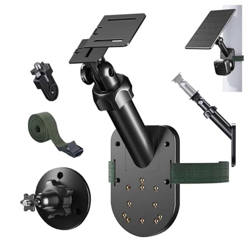 Black 2-in-1 camera and solar panel wall mount kit with accessories and strap