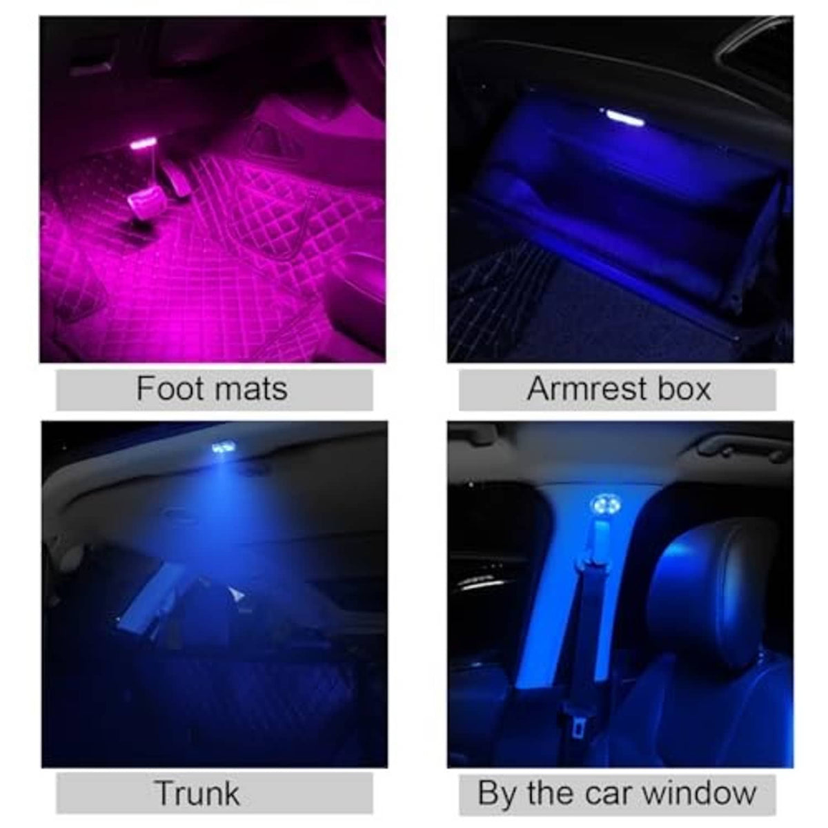 Car ambient wireless LED lights installed under foot mats and armrest, purple and blue glow.