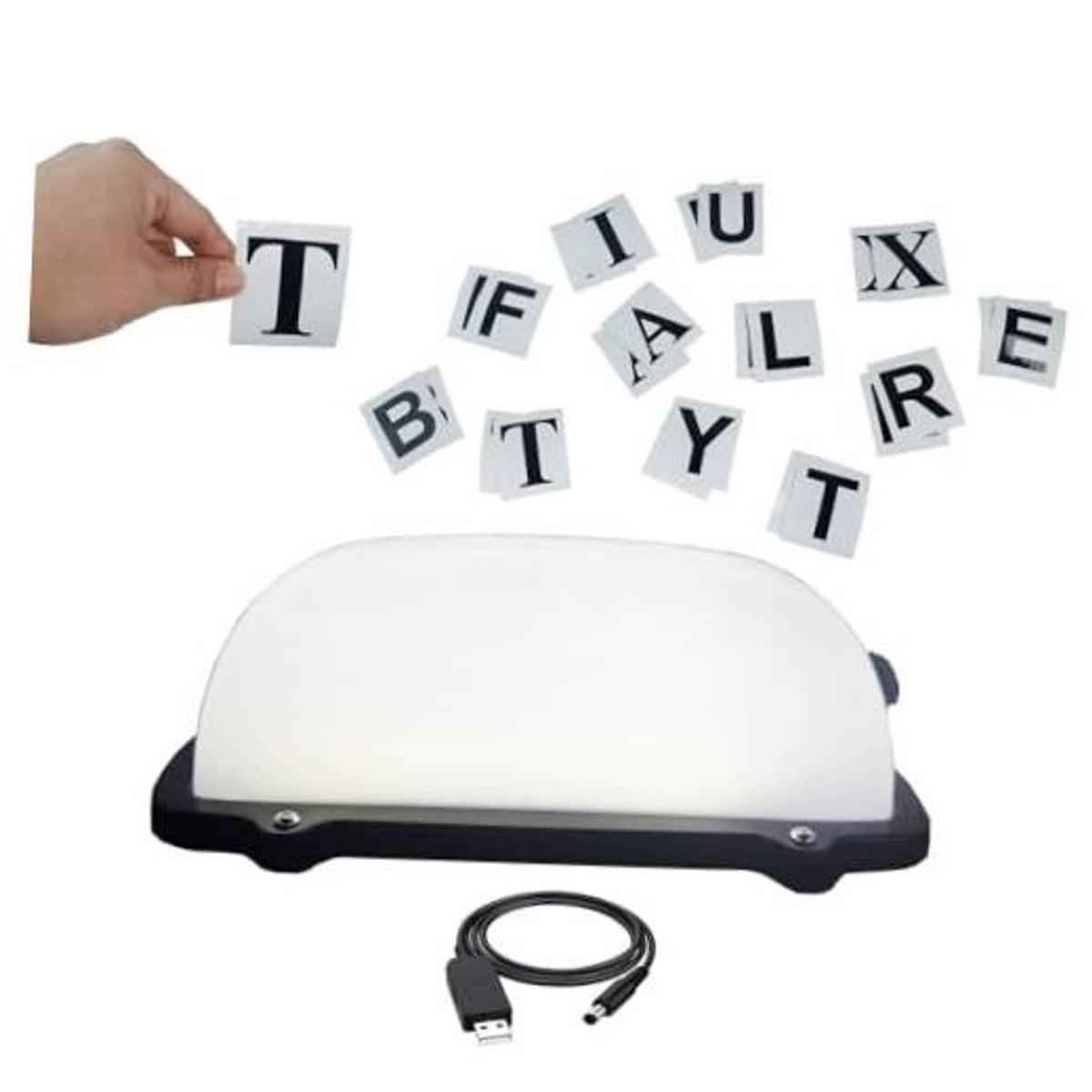 White LED car roof sign light with magnetic base, blank panel and letter tile set