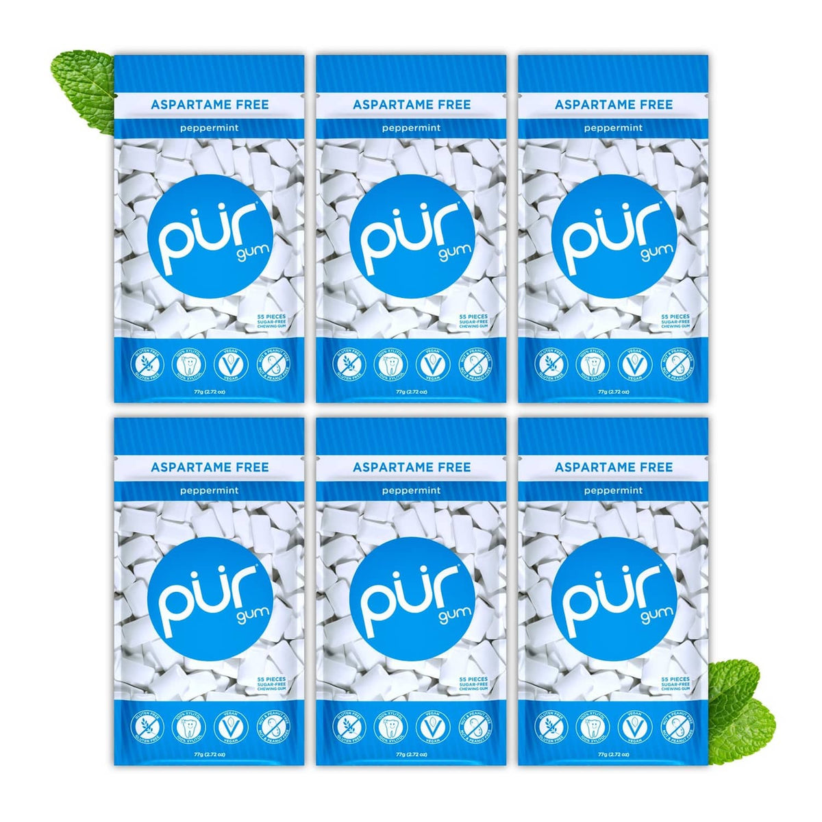 Peppermint gum multipack of six Aspartame Free pouches with white gum pieces