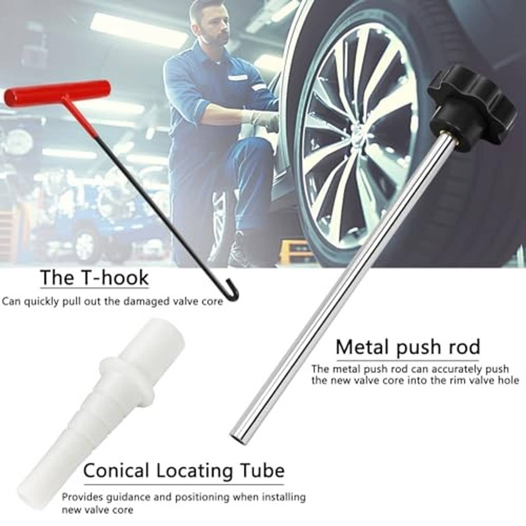 Tire valve stem tool components: T-hook handle, metal push rod, conical locating tube