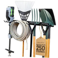 Black wall-mounted steel tool rack with 4 hooks holding various garden tools